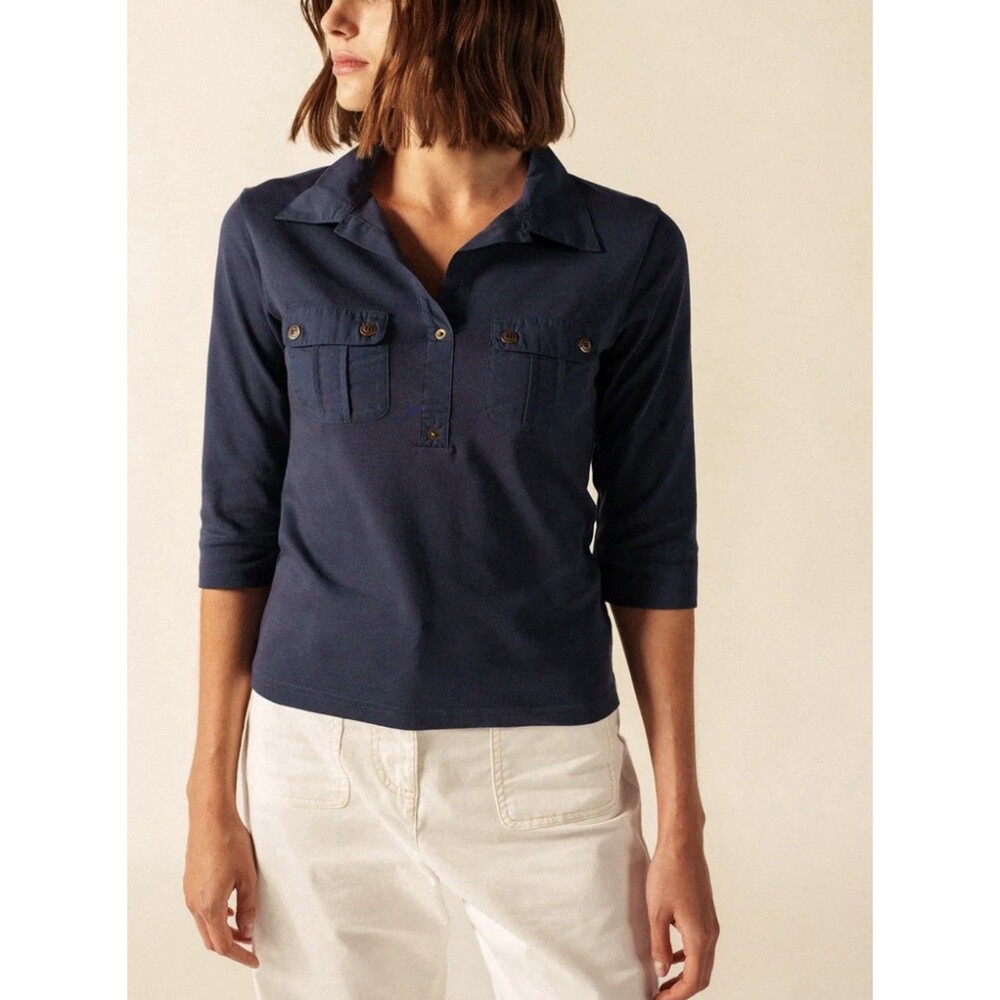 Lauren Ralph Lauren Womens Navy V-Neck Blouse 3/4 Roll Tab Sleeve Sz L